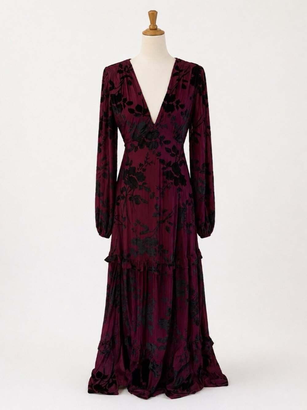 Baltic Born Liana Velvet Burnout Embossed Goth Maxi Dress Plum Black Ruffle Tier - Picture 3 of 7